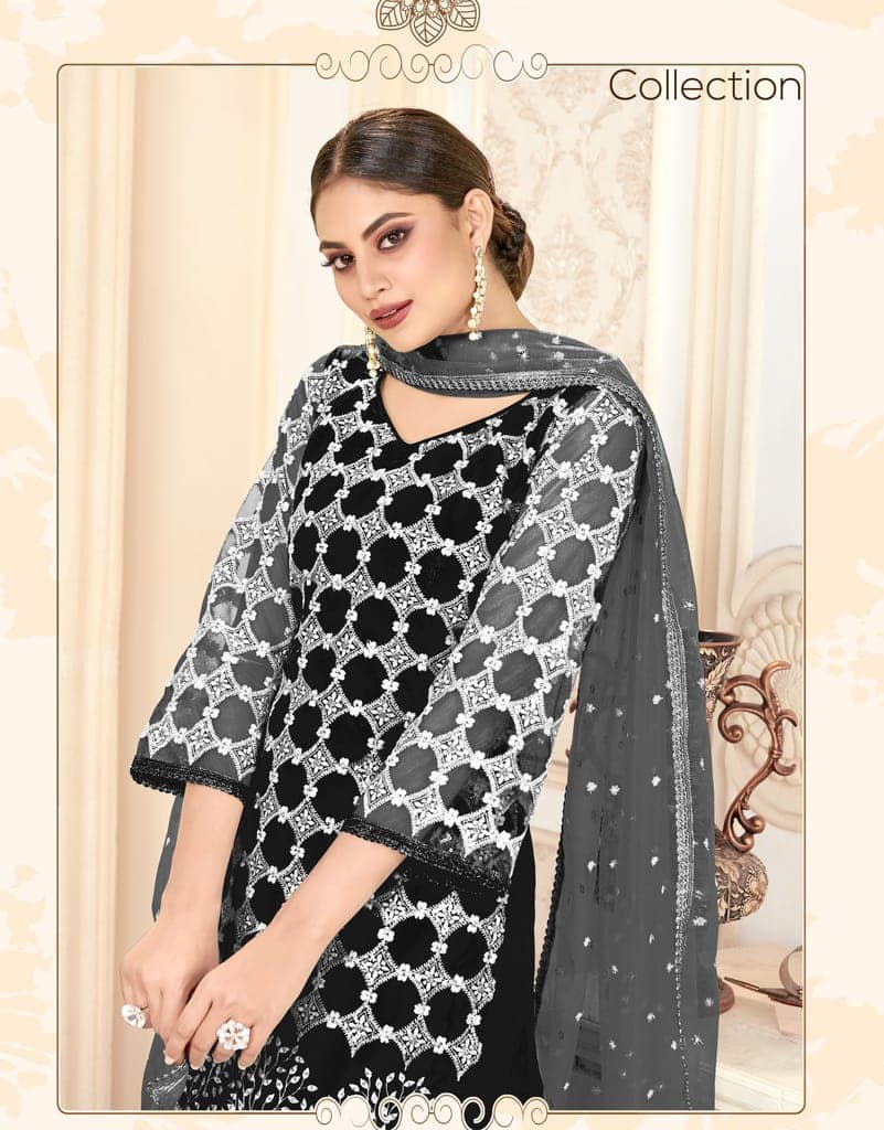 Black Women Net Heavy Embroidery Work Semi Stitch Dress Material. view 4