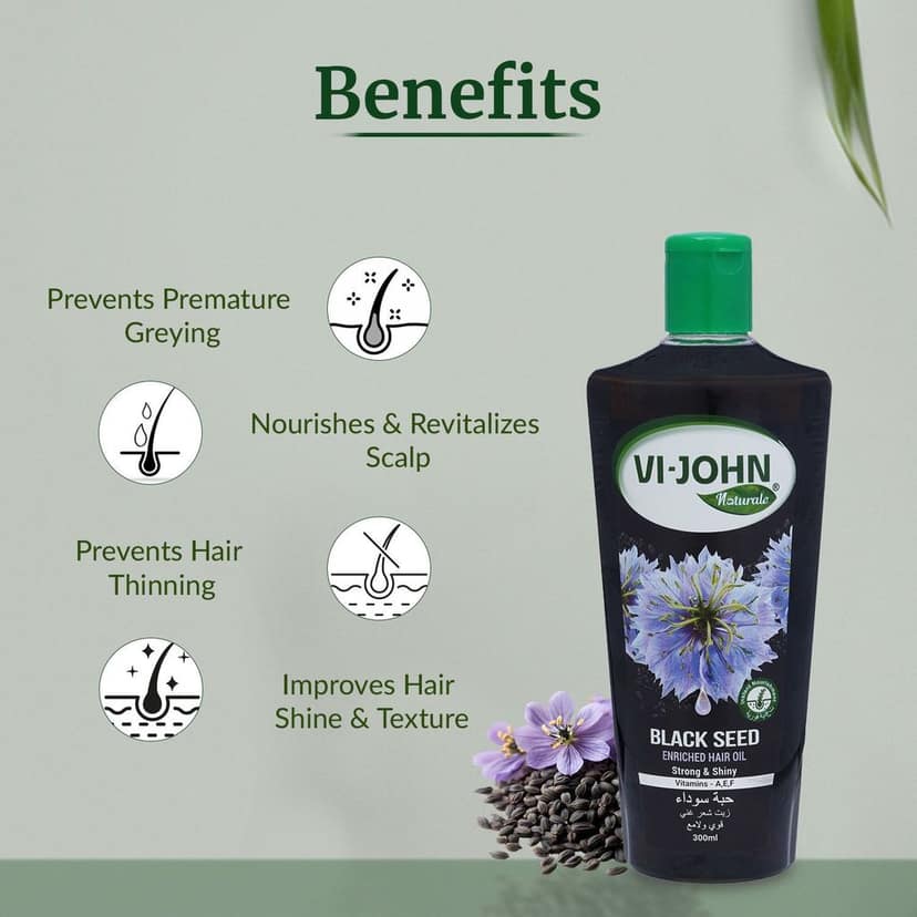 VI-JOHN NATURALE Black Seed Enriched Hair Oil | Strong & Shiny Hair with Vitamin A.E & F | Natural Hair Growth | for All Hair Types | Men and Women | 300ML view 4