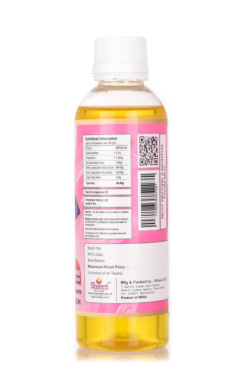 Shreeji Oils Sweet Almond Virgin Cold Pressed Edible Oil, 200 ml