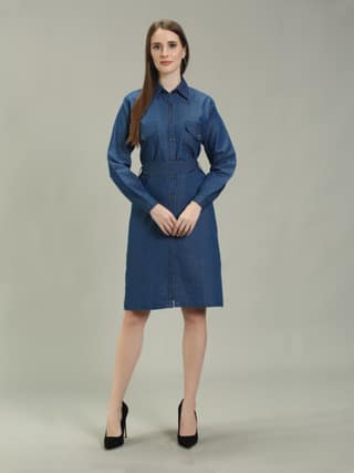 Denim Solid One Piece W Both Side Shirt Pocket with Belt, Blue - XL