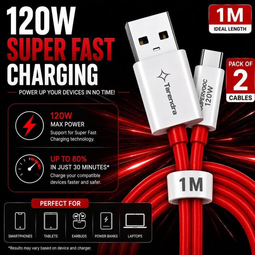 Tarendra 120W 10A USB to Type C Fast Charging Cable 1 Meter | Unbreakable TPE SuperVOOC Data Cable | Fast Charge & Data Sync for OnePlus Oppo Realme Vivo Xiaomi Samsung Type C Devices view 2