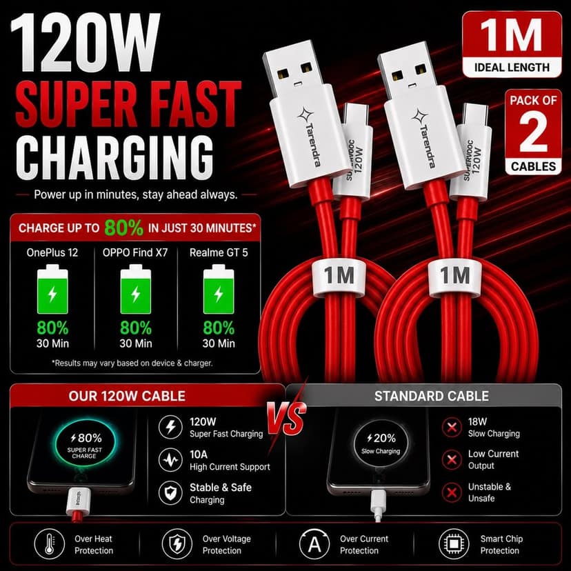 Tarendra 120W 10A USB to Type C Fast Charging Cable 1 Meter | Unbreakable TPE SuperVOOC Data Cable | Fast Charge & Data Sync for OnePlus Oppo Realme Vivo Xiaomi Samsung Type C Devices view 3
