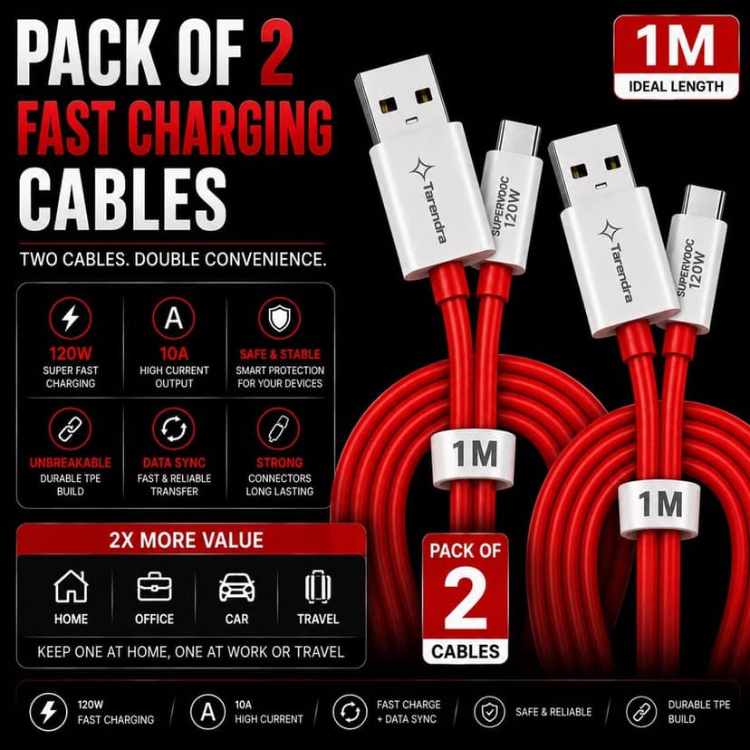 Tarendra 120W 10A USB to Type C Fast Charging Cable 1 Meter | Unbreakable TPE SuperVOOC Data Cable | Fast Charge & Data Sync for OnePlus Oppo Realme Vivo Xiaomi Samsung Type C Devices view 4