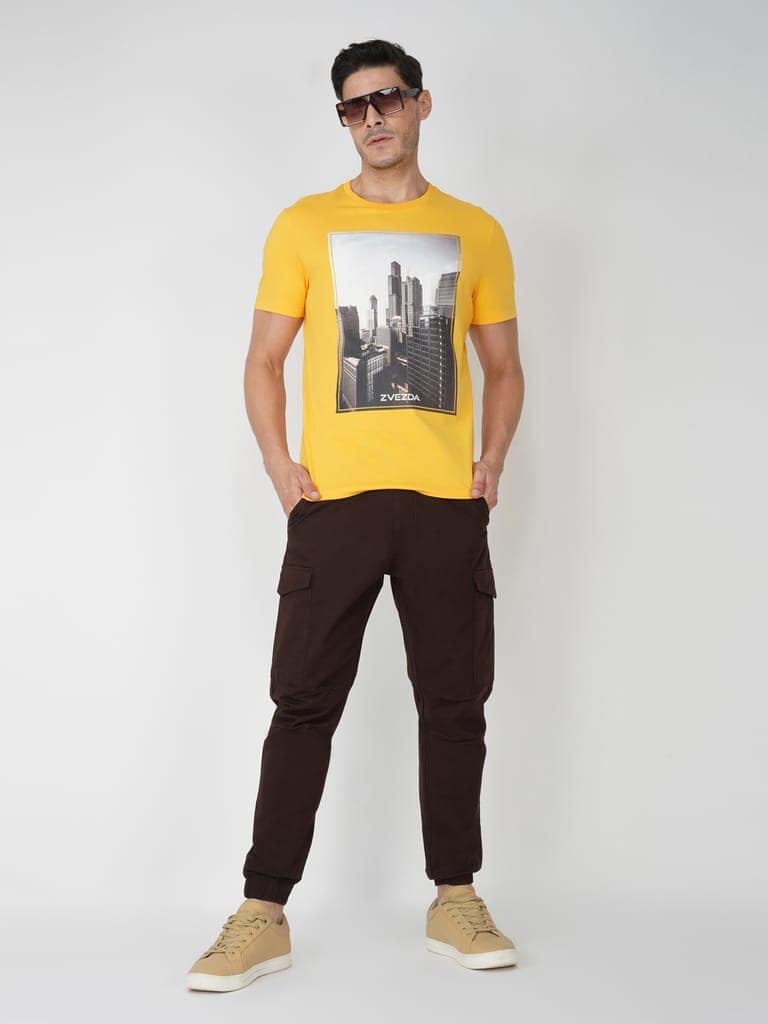Men’s Casual Cotton Graphic Print T-Shirt Euro Fit-Golden view 5