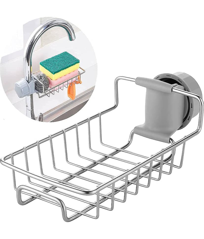 GEEO Kitchen Sink Faucet Sponge Holder Caddy organizer over, stainless steel heavy duty thickening hanging drain rack for scrubbers, sop, bathroom, detachable no suction cup bathroom sop holder