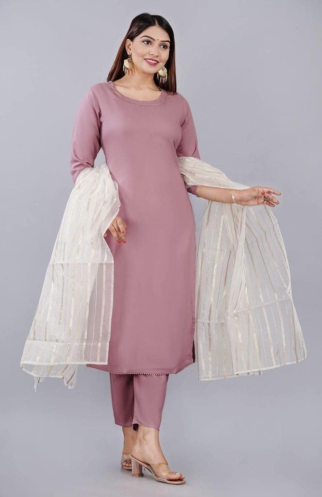 MANMAYEE Women's Chanderi Rayon Straight Kurti With Pant & Chiffon Dupatta | Chanderi Kurti Set view 10