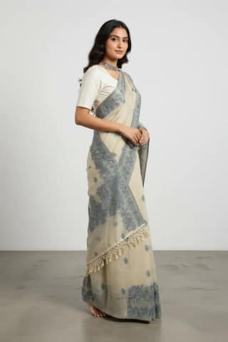 Sambalpuri Baandha Ikat Cotton Saree in Beige and Teal