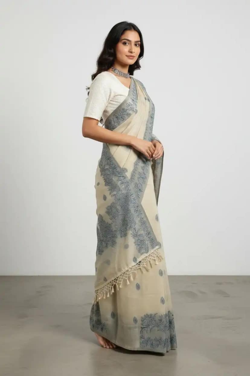 Sambalpuri Baandha Ikat Cotton Saree in Beige and Teal