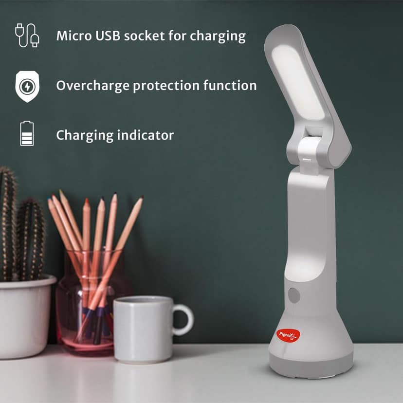 Pigeon Dhruv Shine 2 in 1 Desk and Torch Emergency Lamp with 1200 mAh and 8 Hours Backup (White, Pack of 1, Plastic) view 6