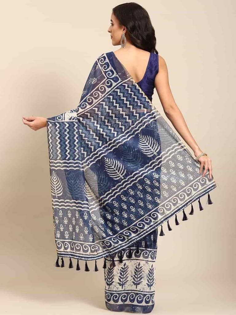 Women's Pure Cotton block print saree with unstiched blouse piece view 2