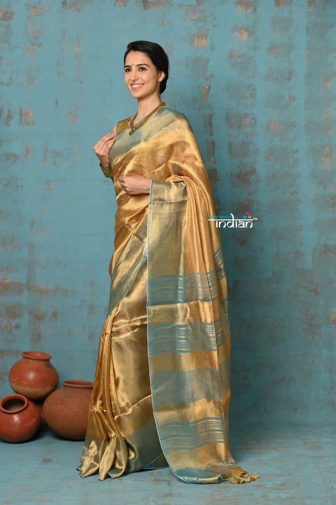 Tyohaar ~ Exquisite Golden Pure Tissue Saree With Sea Blue Border view 2