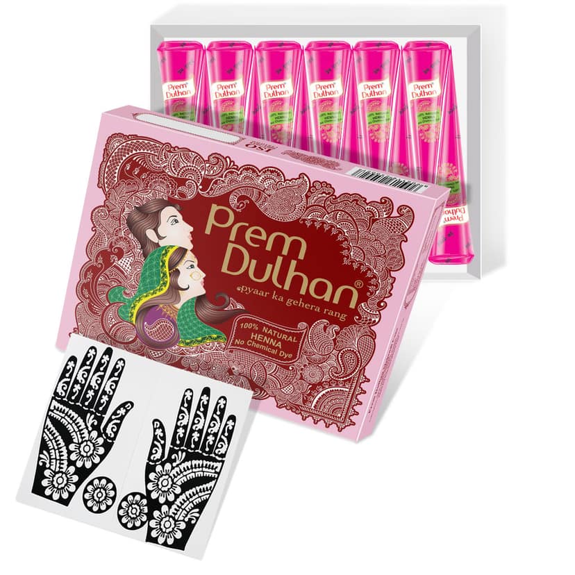 Prem Dulhan Brown Henna Cones Box 12 Pcs with Flower Stencil Pink Box view 2