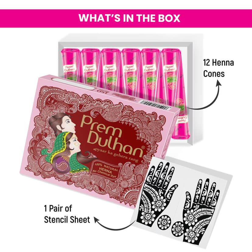 Prem Dulhan Brown Henna Cones Box 12 Pcs with Flower Stencil Pink Box view 3