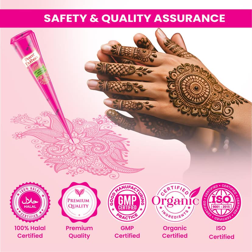 Prem Dulhan Brown Henna Cones Box 12 Pcs with Flower Stencil Pink Box view 4