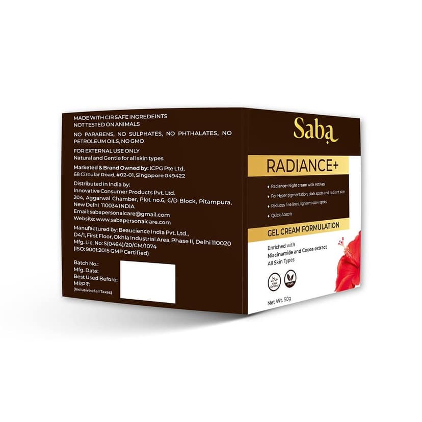 Saba Radiance+ Night Gel Cream with Niacinamide, Cocoa Extract & Actives | 50g view 3