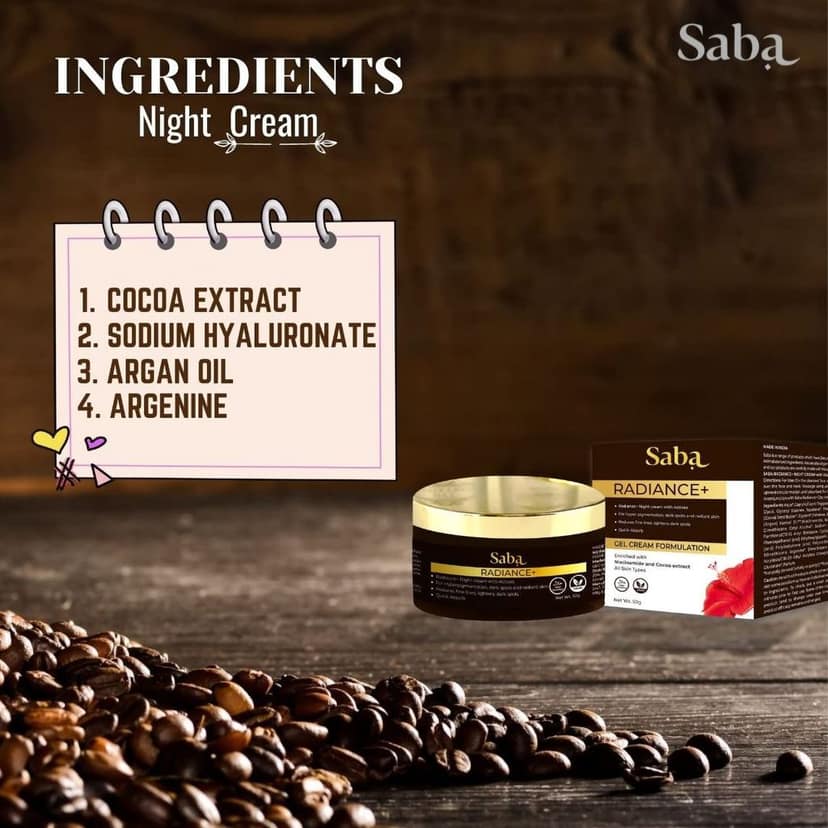 Saba Radiance+ Night Gel Cream with Niacinamide, Cocoa Extract & Actives | 50g view 4