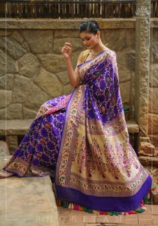 Purple Georgette Banarasi Silk Saree with Meenakari Shikkaargah Jaal | Silk Mark Certified | Shobitam Saree