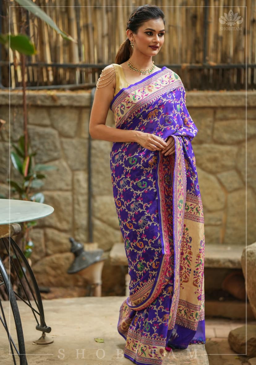 Purple Georgette Banarasi Silk Saree with Meenakari Shikkaargah Jaal | Silk Mark Certified | Shobitam Saree view 2