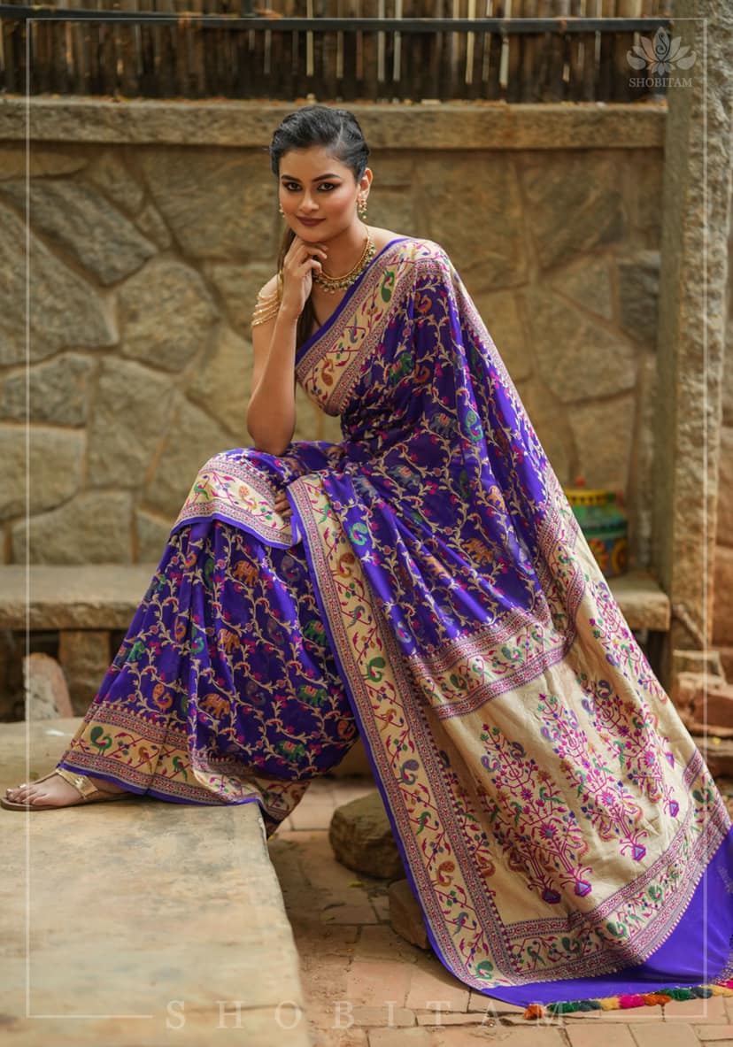 Purple Georgette Banarasi Silk Saree with Meenakari Shikkaargah Jaal | Silk Mark Certified | Shobitam Saree view 3