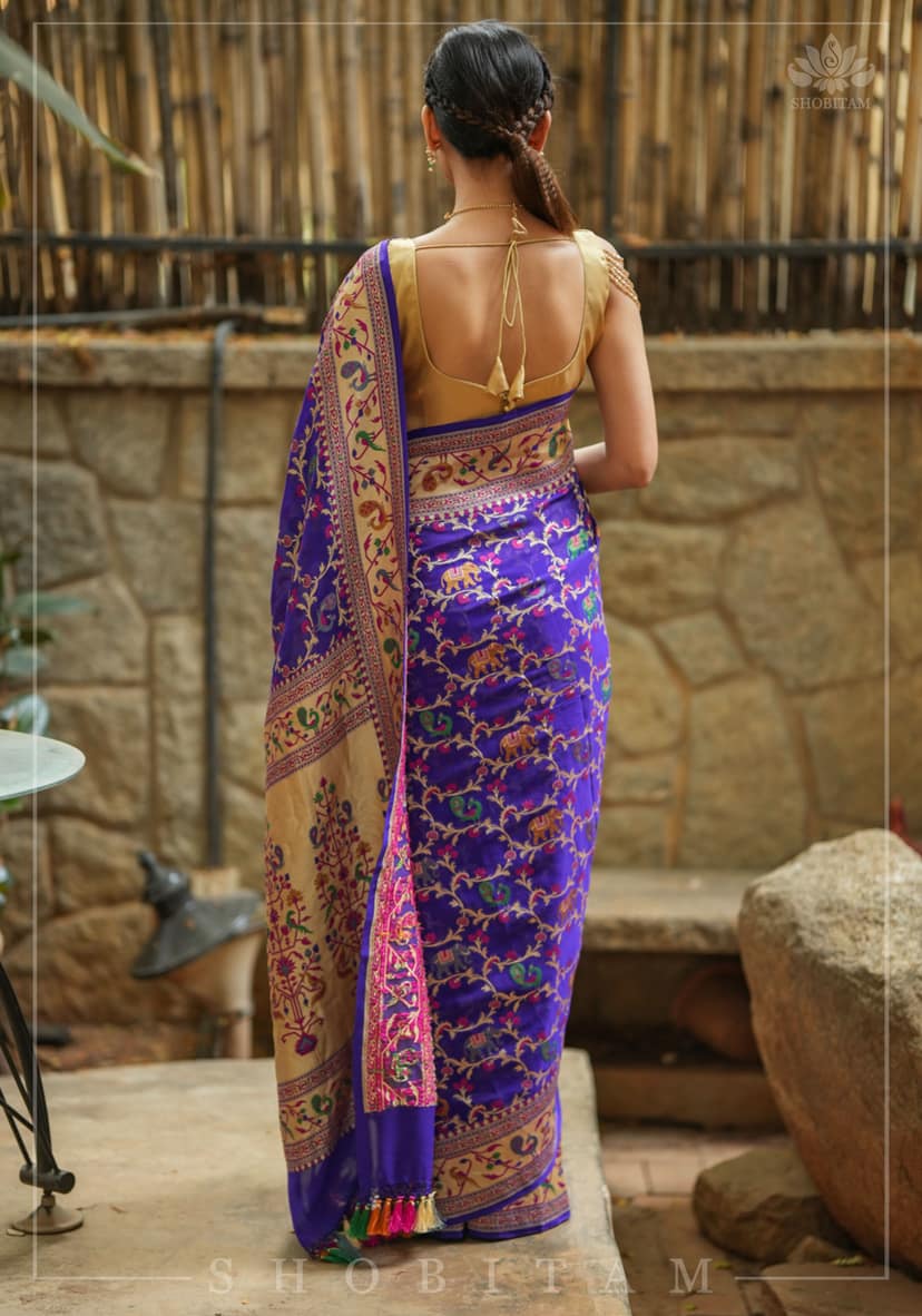 Purple Georgette Banarasi Silk Saree with Meenakari Shikkaargah Jaal | Silk Mark Certified | Shobitam Saree view 4