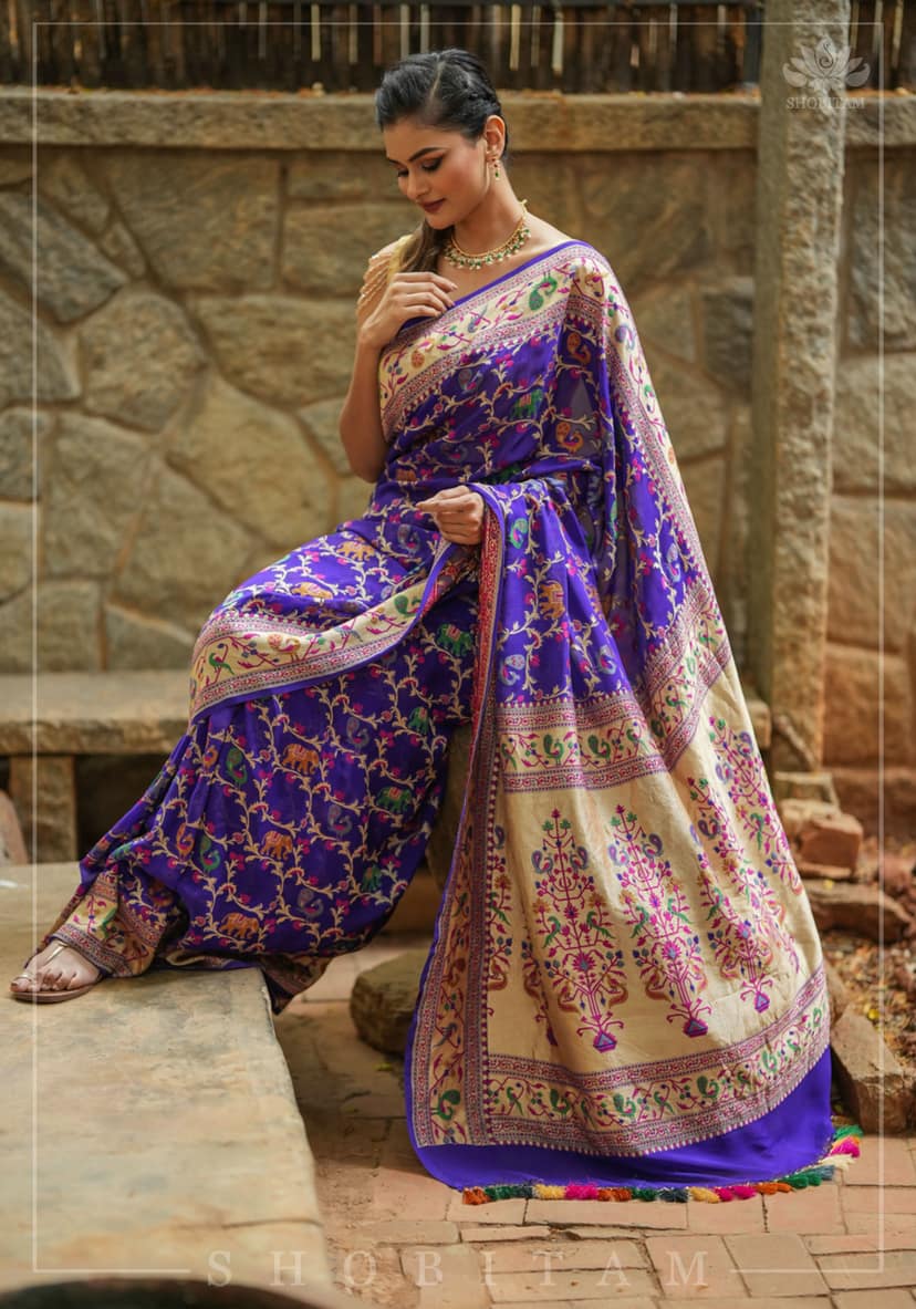 Purple Georgette Banarasi Silk Saree with Meenakari Shikkaargah Jaal | Silk Mark Certified | Shobitam Saree view 6