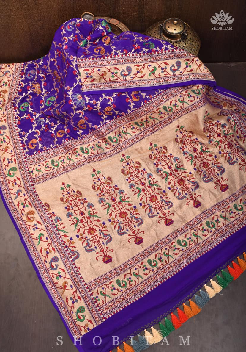 Purple Georgette Banarasi Silk Saree with Meenakari Shikkaargah Jaal | Silk Mark Certified | Shobitam Saree view 7