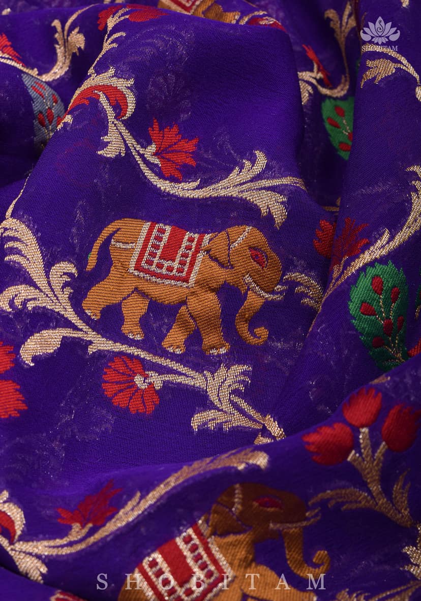 Purple Georgette Banarasi Silk Saree with Meenakari Shikkaargah Jaal | Silk Mark Certified | Shobitam Saree view 9