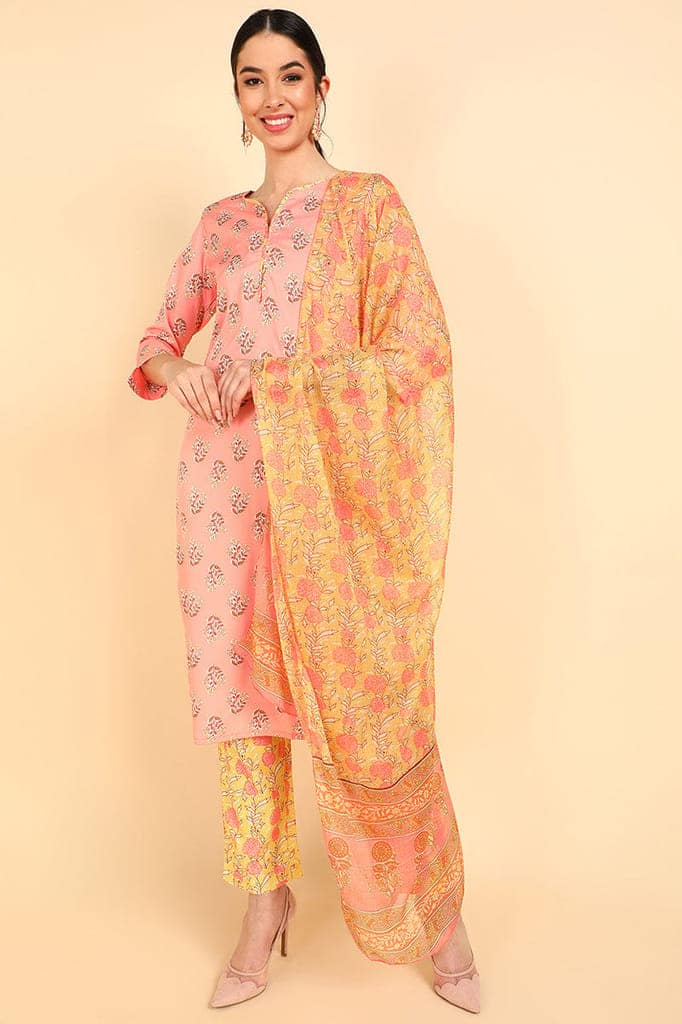 Peach Polyester Ethnic Motifs Straight Suit Set PKSKD1106