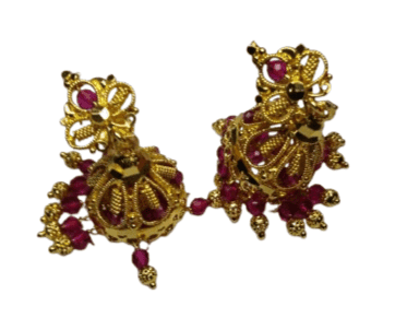 Gold Traditional Indian Jhumka Earrings with Pink Stones view 2