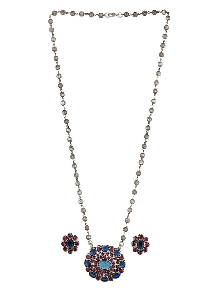 Oxidised Red & Blue Stone Studded Statement Pendant jewellery Set view 2