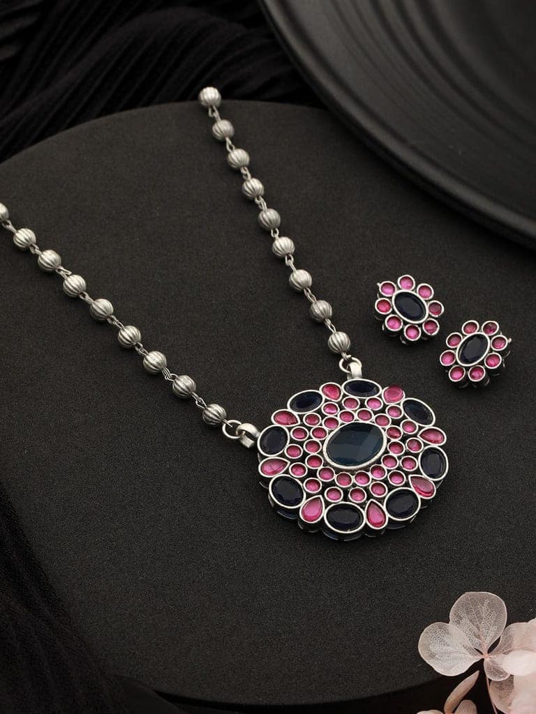 Oxidised Red & Blue Stone Studded Statement Pendant jewellery Set view 5