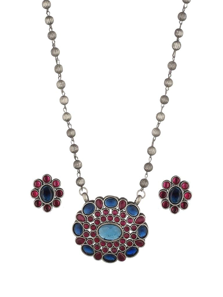 Oxidised Red & Blue Stone Studded Statement Pendant jewellery Set view 7