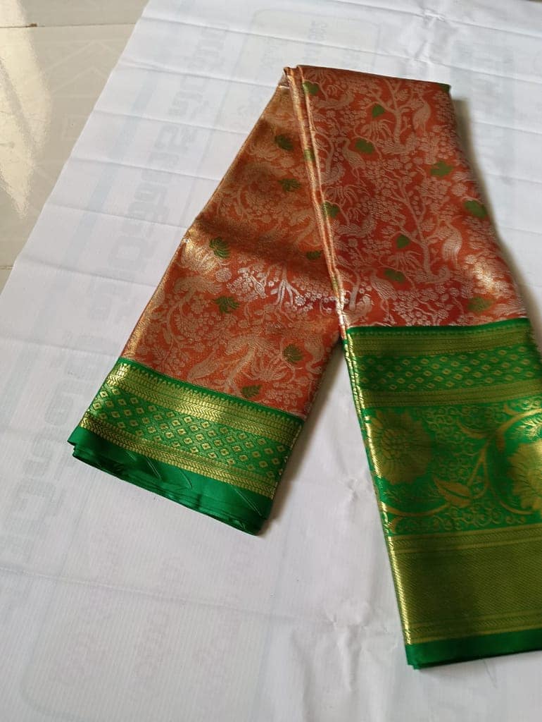 Green and gold zari woven Kanjivaram silk saree view 2