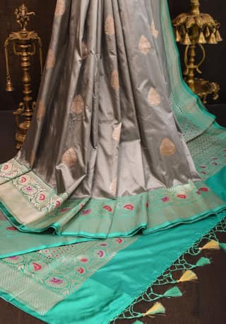 Steel Gray Banarasi Katan Silk Saree with Teal Meenakari Borders and Zari detailing | SILK MARK CERTIFIED