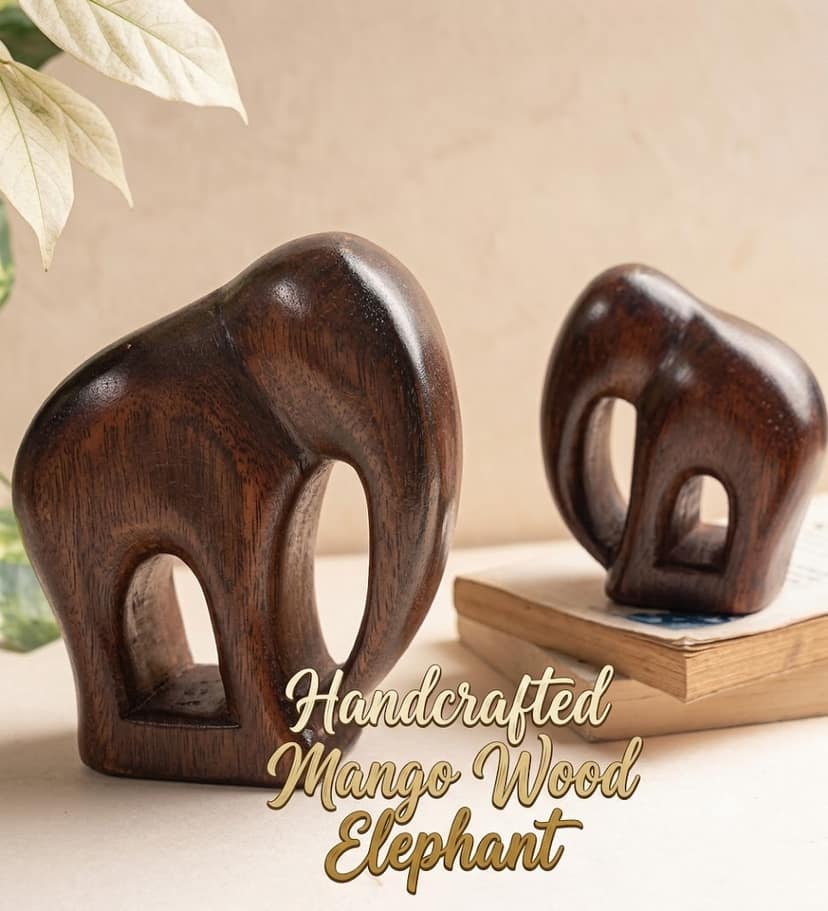 Handcrafted Mango Wood Elephant Figurines Pair view 2