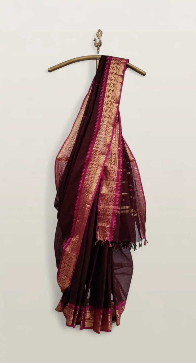 Handwoven Maroon Kanchipuram Cotton-Silk Saree with Dual Zari Borders view 3