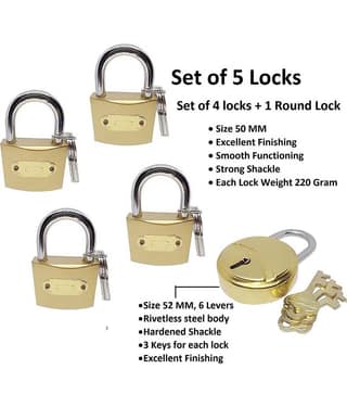Unikkus Pack of 5 Locks for home, room and kitchen door and multi-purpose , 4 Locks Size 50 MM & 1 lock size 52 MM, 3 Keys for each lock