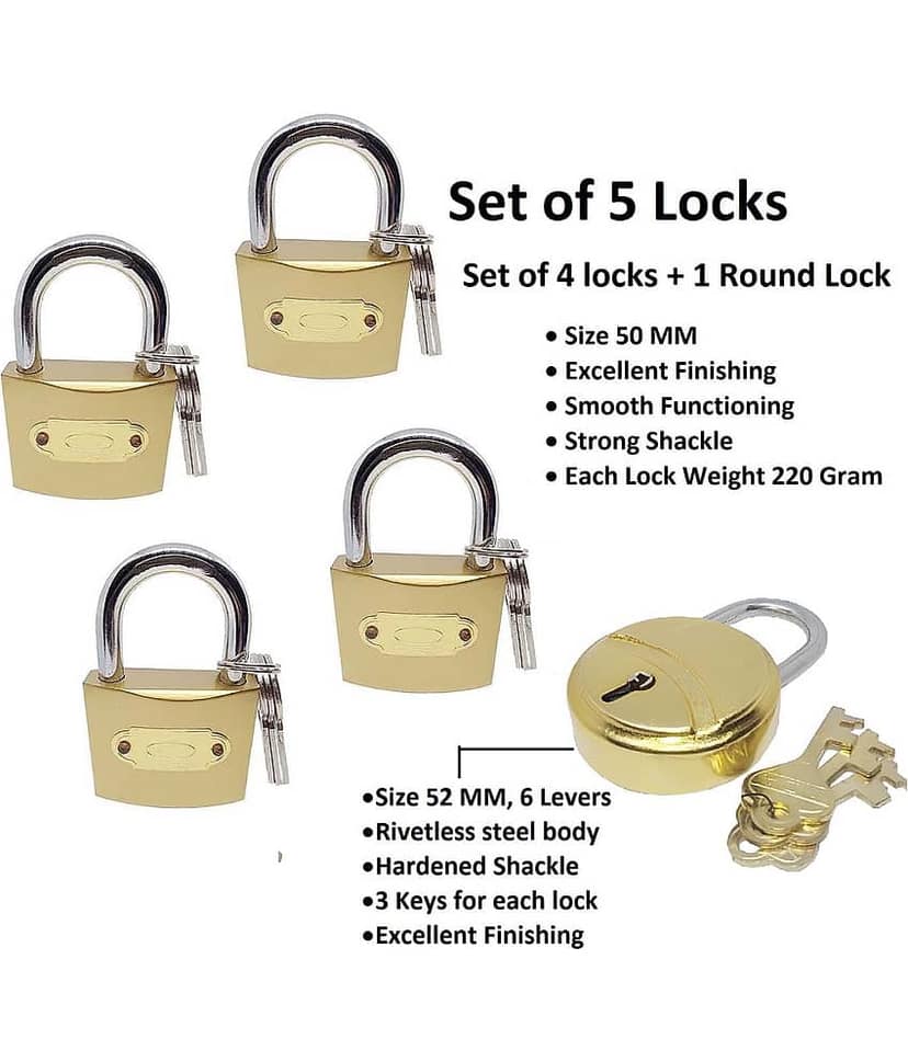 Unikkus Pack of 5 Locks for home, room and kitchen door and multi-purpose , 4 Locks Size 50 MM & 1 lock size 52 MM, 3 Keys for each lock