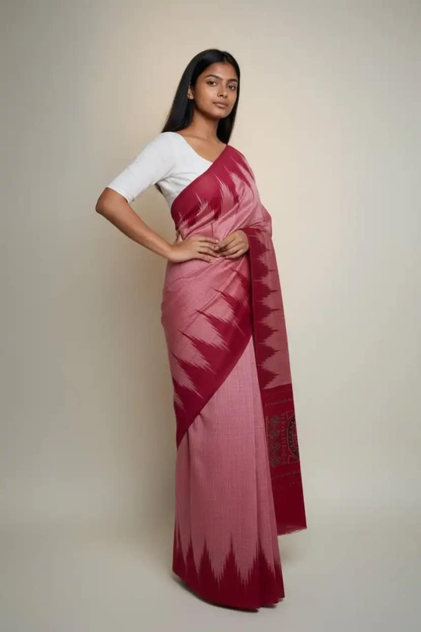 Sambalpuri Ikat Cotton Saree Cerise Pink Chevron Border view 2