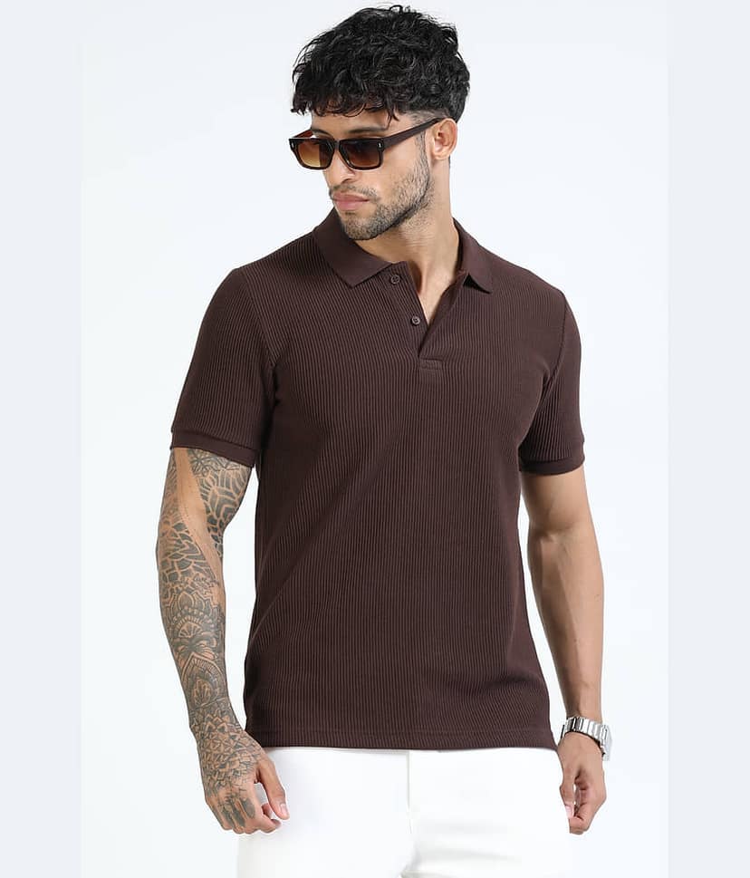 Cool Colors Men Cotton Blend Slim Fit Solid Polo T Shirt ( Brown )