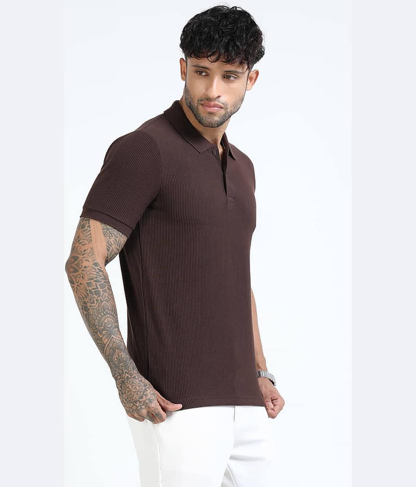 Cool Colors Men Cotton Blend Slim Fit Solid Polo T Shirt ( Brown ) view 2