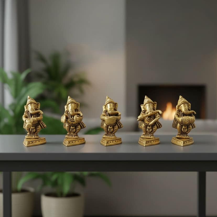 Brass Ganesh Musical Set Idol | Decorative Lord Ganesha Statue, Height : 2.7 Inch (BSMAS1649 C)