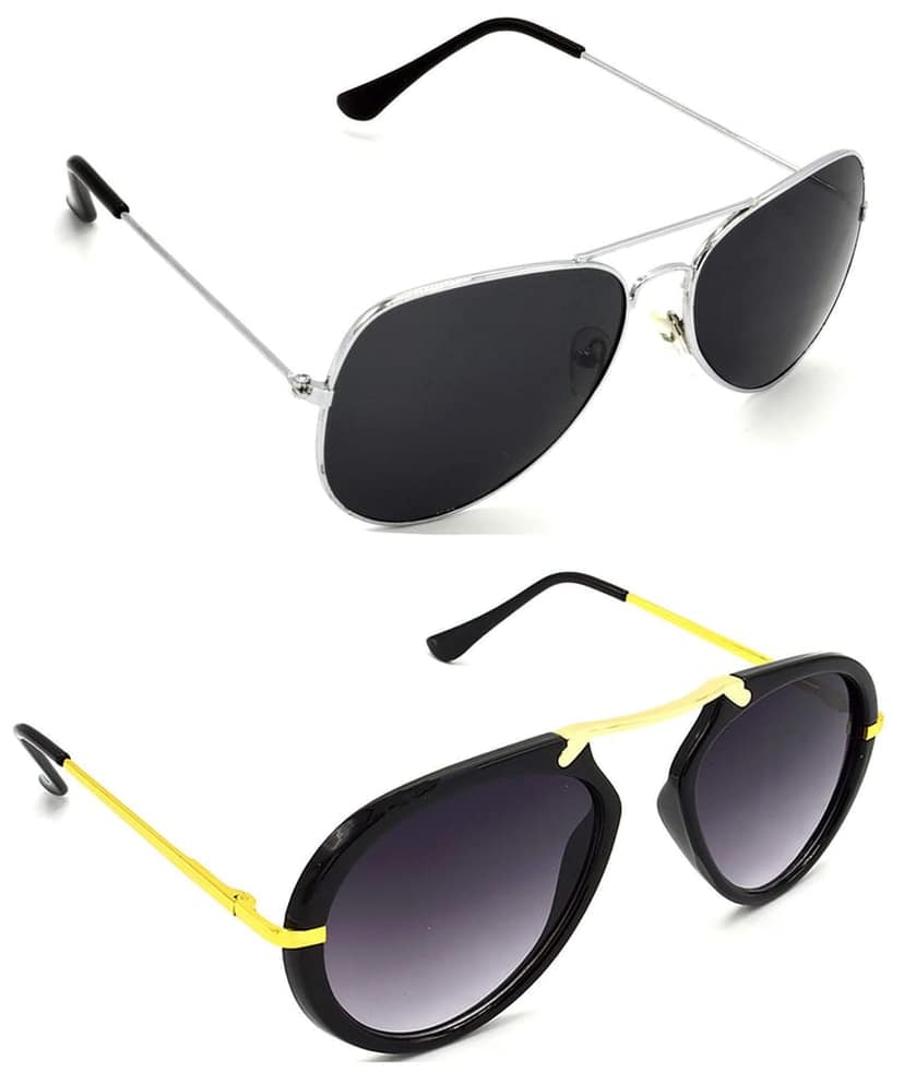 HRINKAR Unisex Pilot Sunglasses Silver & Golden Frame, Black & Grey Lens (Medium) - Pack of 2