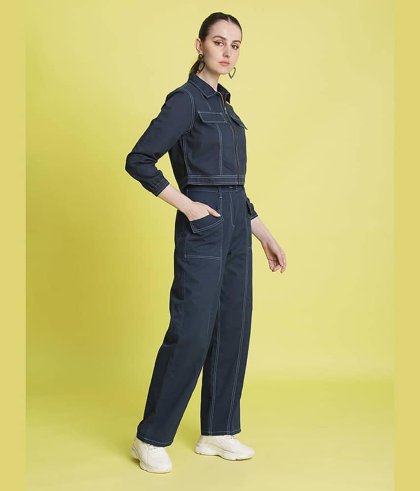 Bene Kleed Women Solid Shirt With Trousers Co-Ord Set ( Blue ) view 3