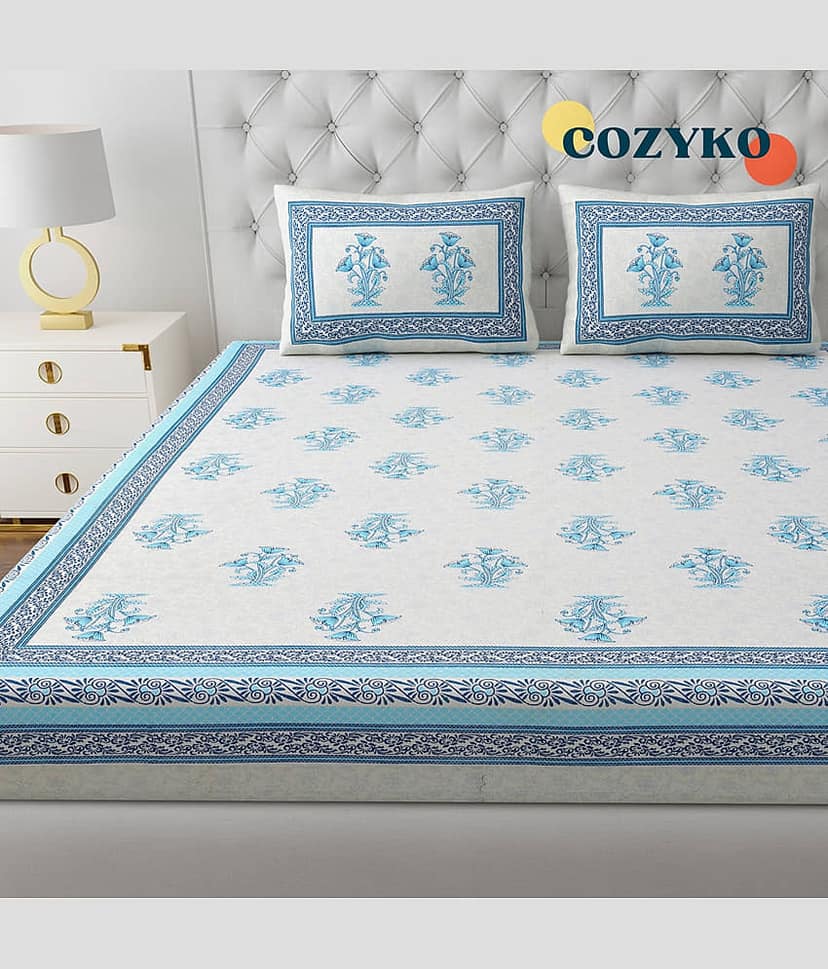COZYKO Cotton 1 Double King Bedsheet with 2 Pillow Covers ( Blue ) view 2