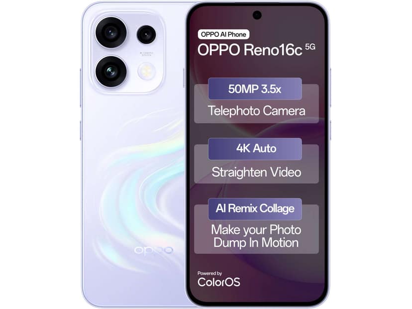 OPPO Reno 16c 5G Smartphone, 12GB RAM, 256GB Storage - Stellar Purple