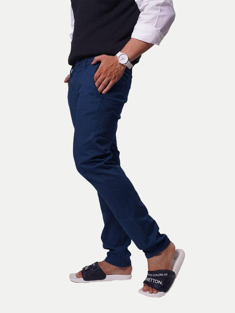 Mens Navy Solid Chinos Trousers view 2