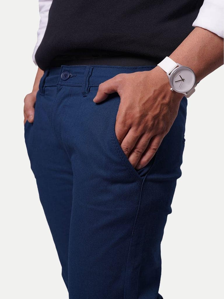 Mens Navy Solid Chinos Trousers view 3