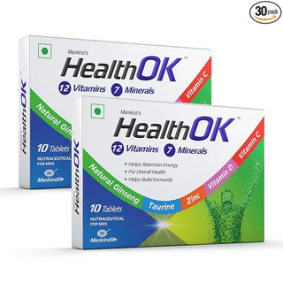Health OK Multivitamin with Natural Ginseng Taurine power Daily Energy alertness Vitamin D C & other 17 multivitamins minerals for Overall Health 10 Tablets x Pack of 2
