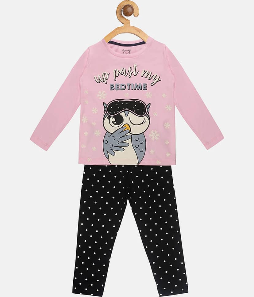 Lazy Shark Pack of 1 Girls Cotton Blend Nightsuit Set ( Pink )